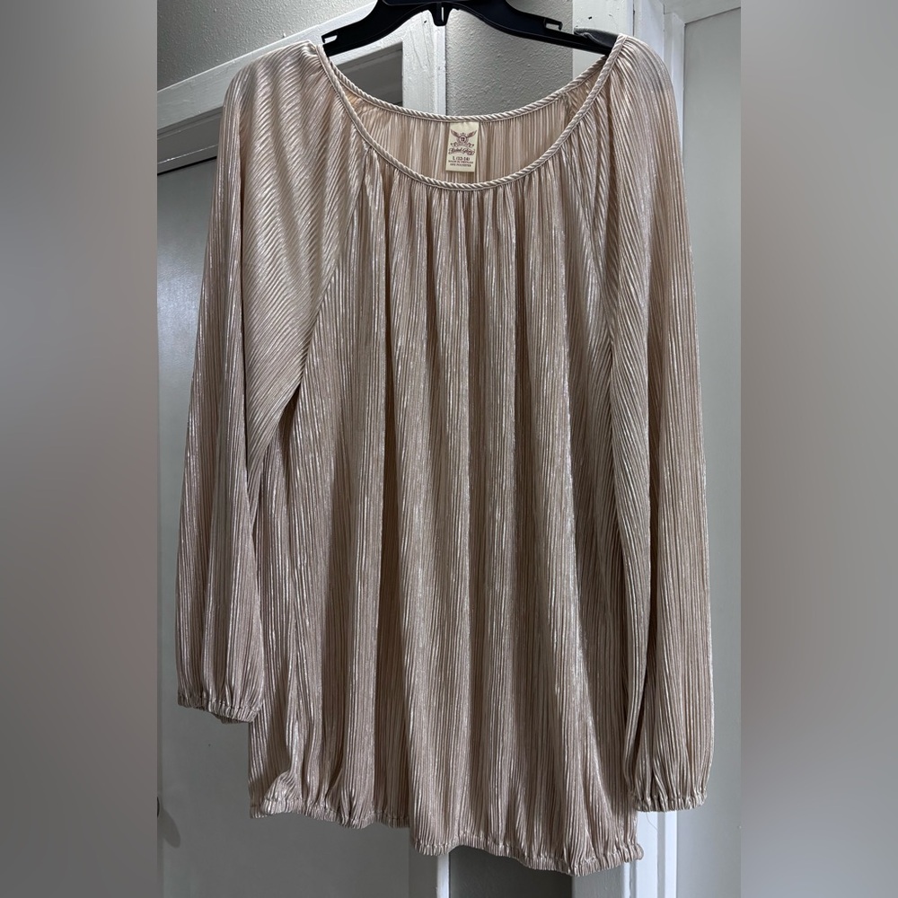 Faded Glory Vintage Metallic Pleated Top in Shimmery Beige- L
